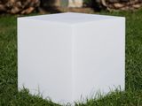 un cube blanc dans l'herbe, avec des palmiers en arrière-plan