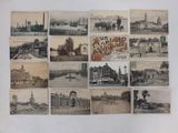 several old postcards of old buildings and a river in the middle of them