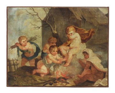 an image of a painting of a group of children sitting around a campfire