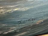 an oil painting of a boat in the ocean on a wooden surface