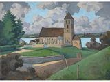 une peinture à l'huile représentant une église sur une colline, avec un lac en arrière-plan