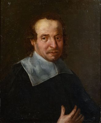 a painting of a man with a black shirt and white collar