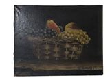une peinture à l'huile représentant un panier de fruits posé sur une table