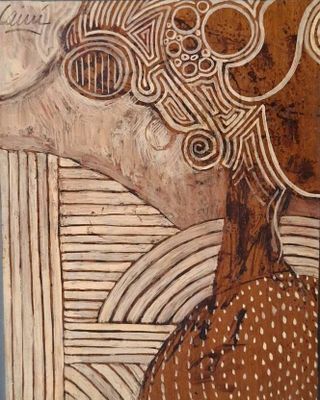 un tableau représentant une girafe debout devant un arbre
