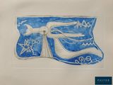 dessin représentant un drapeau bleu et blanc orné d'étoiles et d'un oiseau