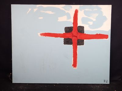 une peinture représentant une croix rouge sur fond bleu