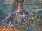 an oil painting of a woman sitting at a table with a teapot