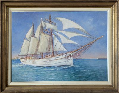 une peinture à l'huile représentant un voilier naviguant sur l'océan