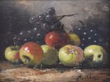 a painting of a bunch of apples and grapes on a table