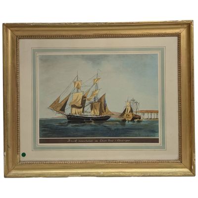 painting of three ships in a body of water with a pier in the background