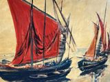 painting of three boats with red sails in a body of water