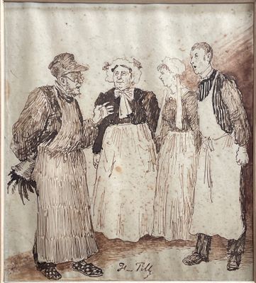 drawing of three men and a woman talking to each other in front of a mirror