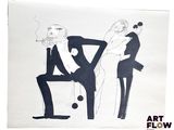 drawing of a man and a woman sitting on a chair smoking