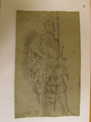 dessin représentant un homme tenant une épée à la main, sur une feuille de papier