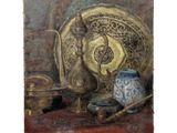 tableau représentant une nature morte composée d'une théière et d'autres objets