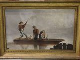 une peinture à l'huile représentant trois hommes dans un bateau sur un lac