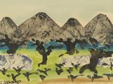 tableau représentant un groupe d'oiseaux volant devant une chaîne de montagnes