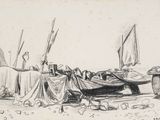 dessin représentant un bateau sur une plage, avec un homme debout à côté