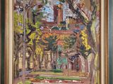 une peinture à l'huile représentant une maison dans un parc avec des arbres