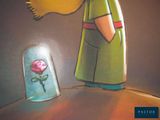 painting of a woman looking at a rose in a glass vase