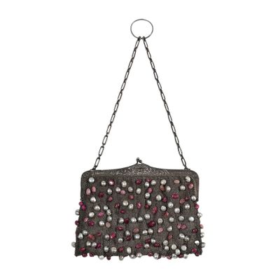 a black purse with pink and white beads hanging from a chain
