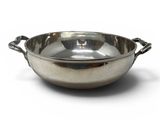 silver plated serving bowl with handles on a white background