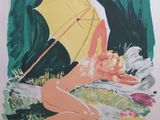 a painting of a woman laying in the grass with an umbrella