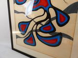 tableau représentant une femme vêtue d'une robe rouge et bleue, dans un cadre noir