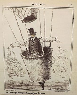 an old picture of a man in a hot air balloon