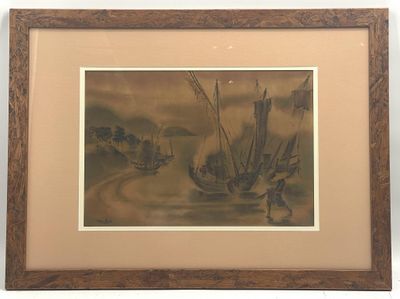 painting of boats in a body of water with a sky in the background