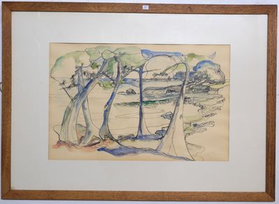 dessin représentant un paysage avec des arbres et une rivière au loin
