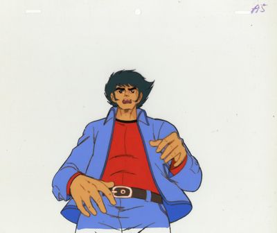 un dessin d'animation représentant un homme vêtu d'une veste bleue et d'un pantalon blanc