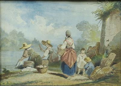 a painting of a group of people sitting on the ground