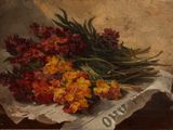 painting of a bunch of flowers sitting on a table next to a newspaper