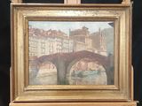 an old painting of a bridge over a river with buildings in the background