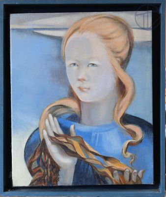a painting of a woman holding a bowl in her hands