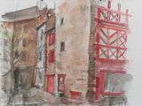 painting of a street scene with a red building and a tree