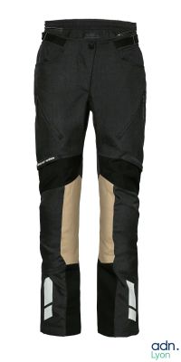 the pants are black and tan with a zipper on the side