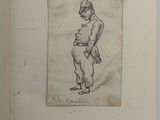 an old book with a drawing of a man standing in front of a white background