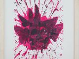 painting of a pink flower in a white frame with red paint splattered on it