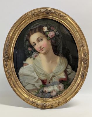 a painting of a woman in a white dress with flowers in her hair