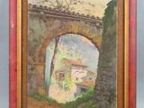 une peinture à l'huile représentant une porte dans un mur de pierre, avec un bâtiment en arrière-plan