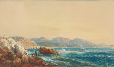 une image représentant une peinture d'une côte rocheuse avec un voilier au loin