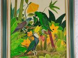 painting of two parrots in a tropical garden with yellow flowers