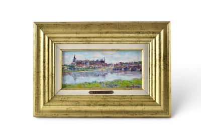 a painting of a river scene with a bridge and buildings in the background