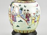 an image of a vase with a painting on it on a wooden stand