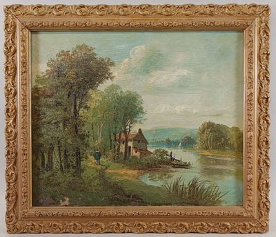 an oil painting of a river scene with a boat in the foreground