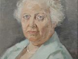 an oil painting of a woman in a blue shirt and pearls