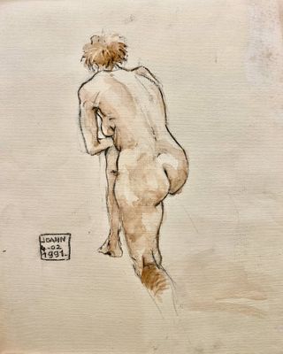 drawing of a nude woman standing in front of a sign
