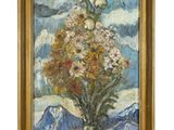 painting of flowers in a vase on a table with mountains in the background